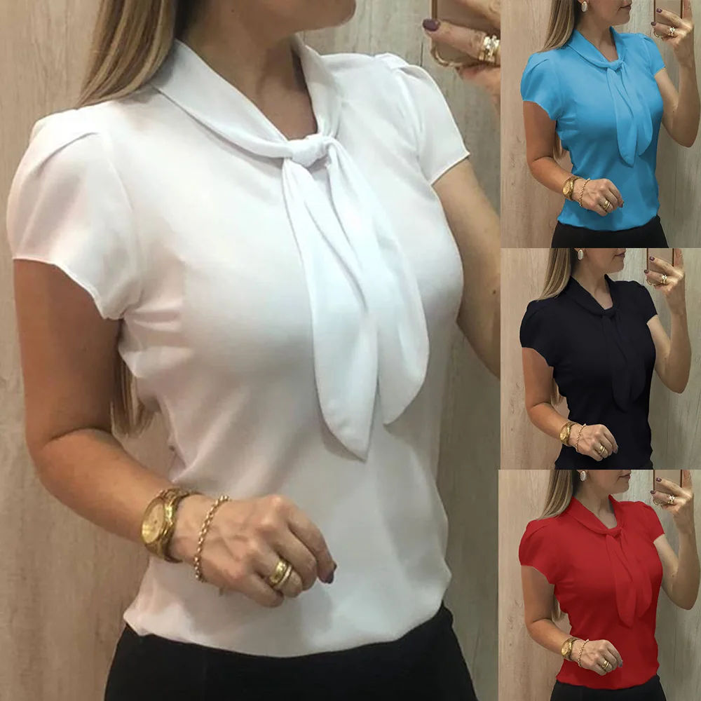 VNAURRY Новинки для женщин однотонные Цвет с коротким рукавом Шифоновая Блузка
