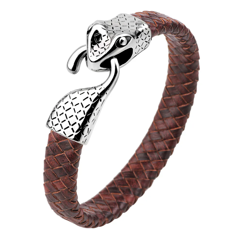 2019 New Bracelet Personality Fashion Stainless Steel Snake Head Leather Woven Men's Trend | Украшения и аксессуары