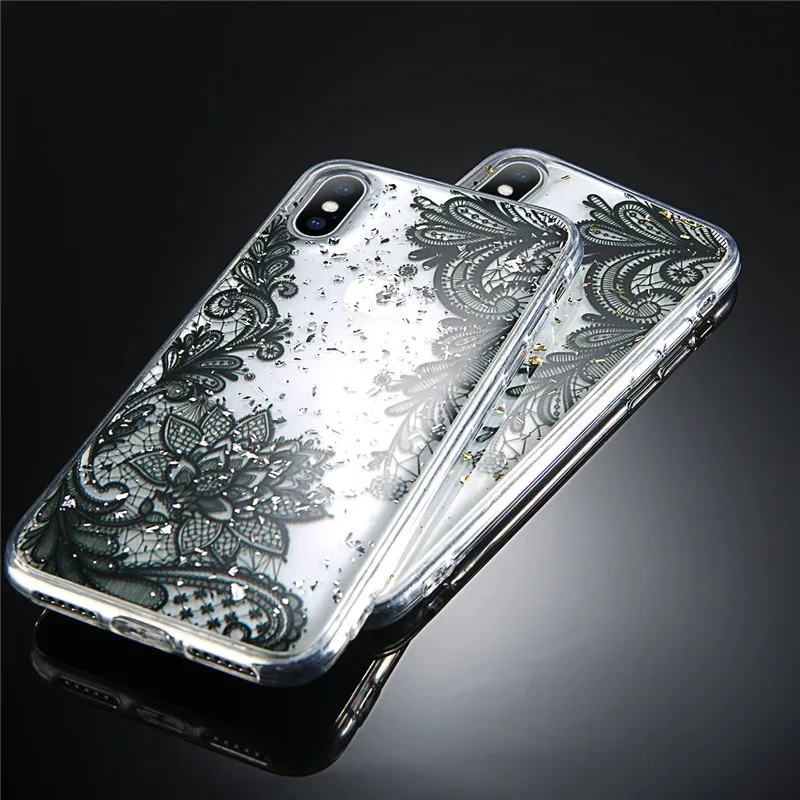 Lovebay New Spangle Luxury Flower Lace Soft Phone Case For Iphone X 6 6s 7 8 Plus XR XS MAX Glossy Covers Capa Coque TPU Pattern |