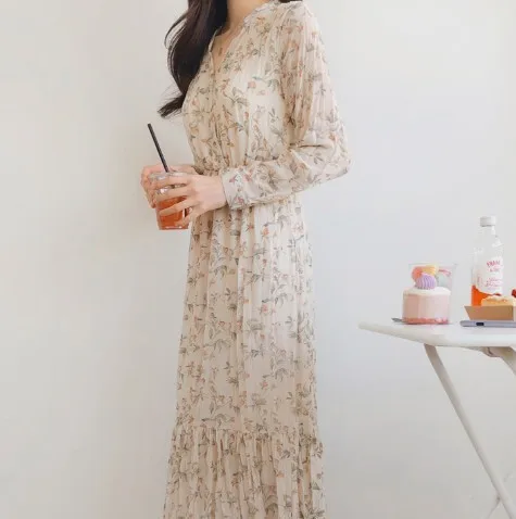 Женское шифоновое платье Boho Повседневное с длинным рукавом и принтом