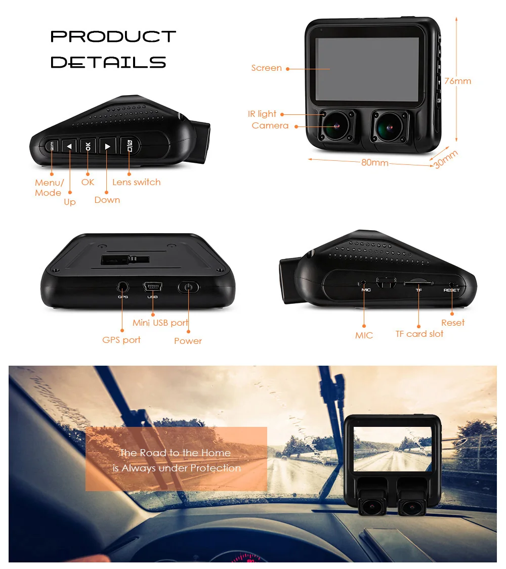 6G стеклянная Автомобильная камера с двойным DVR 1080 P HD IR ночного видения Dash Cam gps