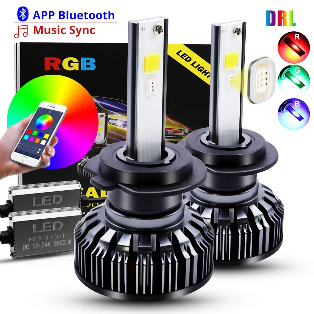 H4 H7 LED Car Headlight Bulbs COB RGB LED Headlight H1 H3 H11 H13 880 9005 9006 9012 LED APP Bluetooth Control Multi-color 25W