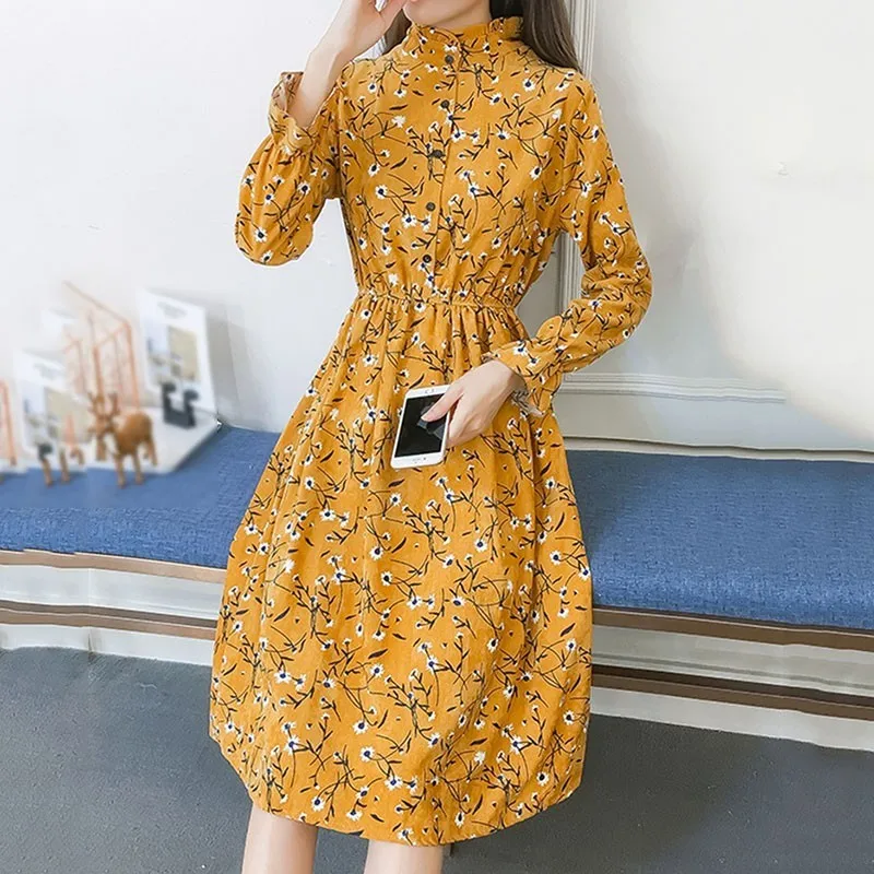 CHICEVER 2019 Spring Floral Dress For Women Stand Collar Flare Sleeve High Waist Corduroy Vintage Dresses Fashion Clothes New | Женская