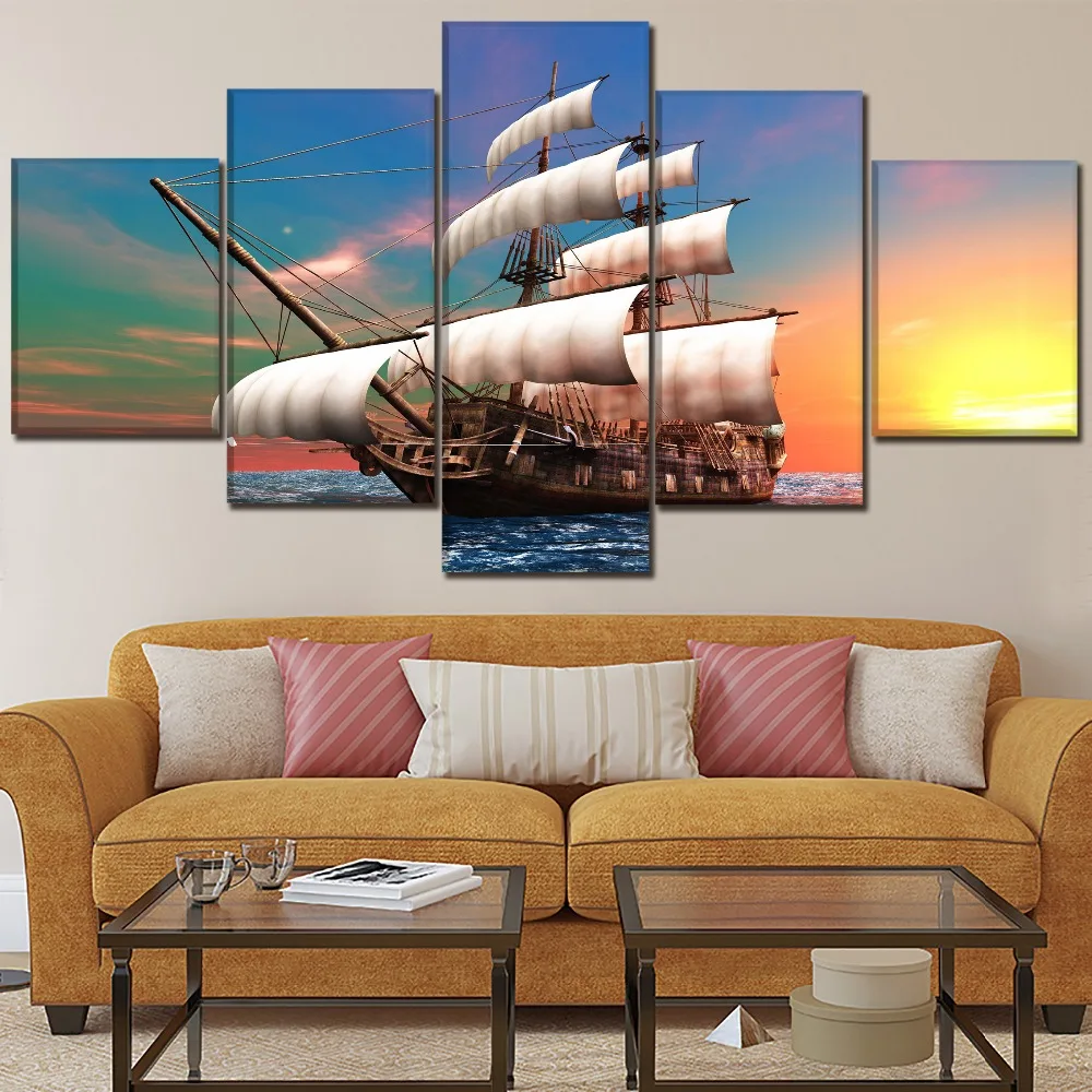 

Canvas Wall Art Pictures Home Decor Living Room HD Prints 5 Piece Sea Driving Classic Retro Sailboat Painting Decor Framework