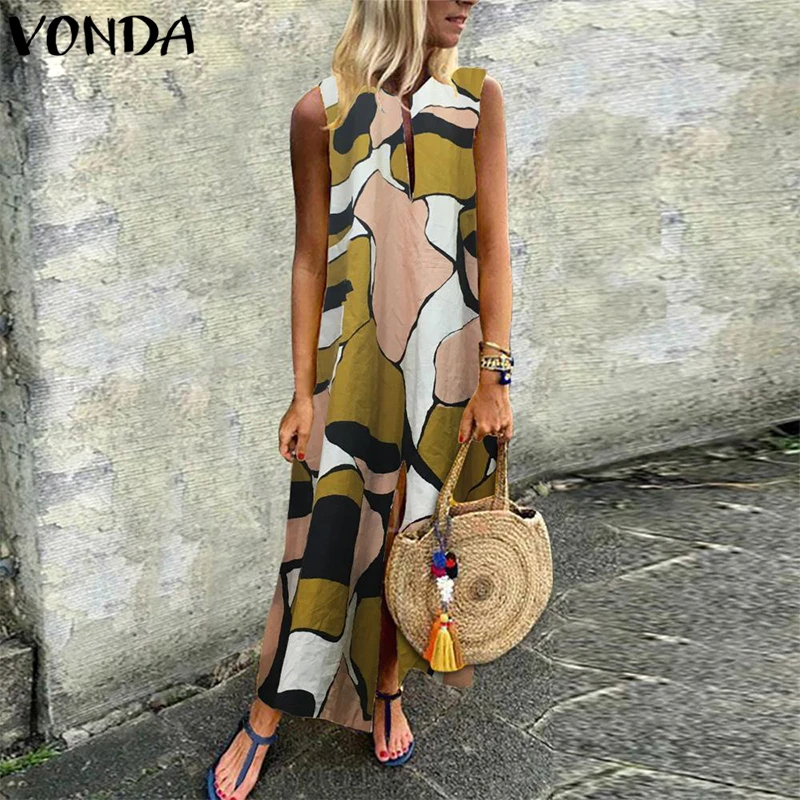 Женское платье с винтажным принтом VONDA длинное глубоким вырезом без рукавов