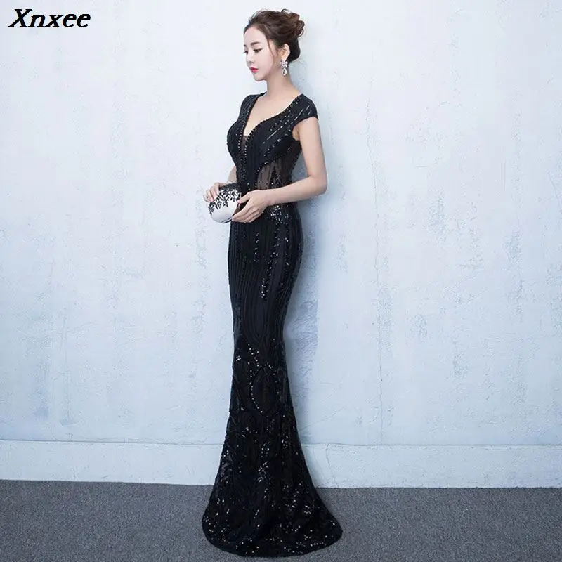 

Xnxee High Quality Women Elegant Black Sequined Short Sleeve V-Neck Long Mermaid Party Dress Xnxee