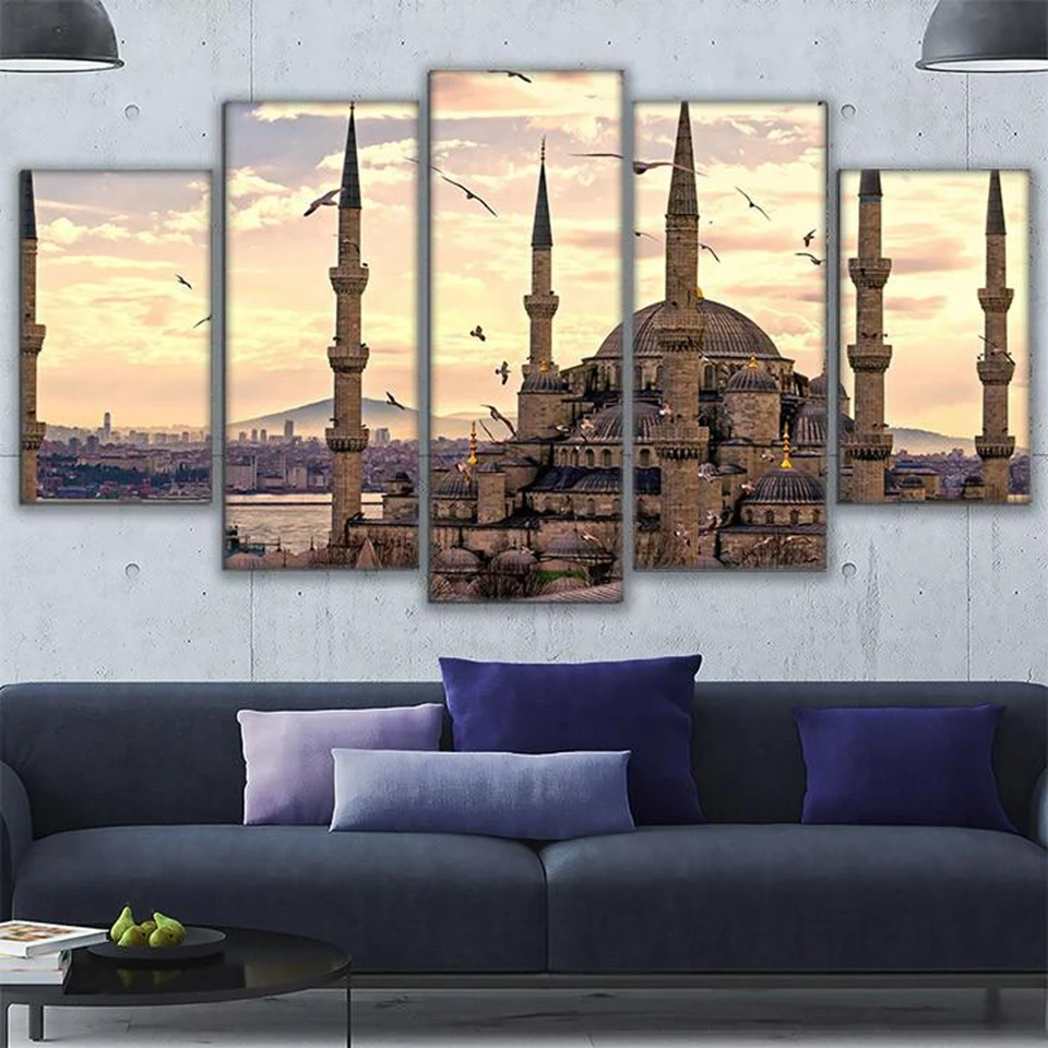 

Canvas Printed Painting Modular Pictures Artwork 5 Pieces Home Decor For Living Room Suleymaniye Mosque Skyline Wall Art Poster