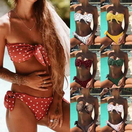 Women's Dot Strappy Bikini Set Padded Bra Crease Bandeau Swimsuit Strapless Beach Swimwear Bathing Suit Beachwear | Спорт и