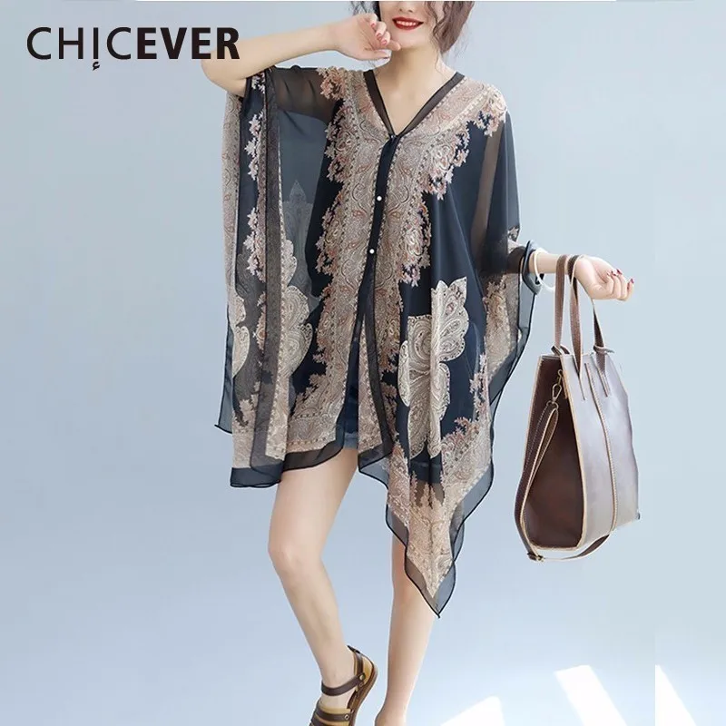 CHICEVER/шифоновая блузка с принтом женская блуза v образным вырезом и рукавом