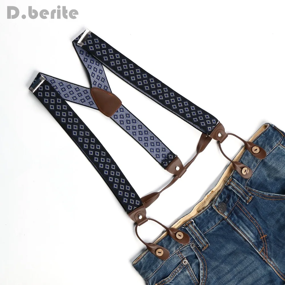 

New Mens Adjustable Button holes Unisex suspenders blue plaids womens braces BD759