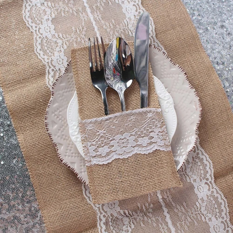 100 Jute Burlap Pouch Lace Bag Wedding Party Home Dinner Tableware Supplies | Дом и сад