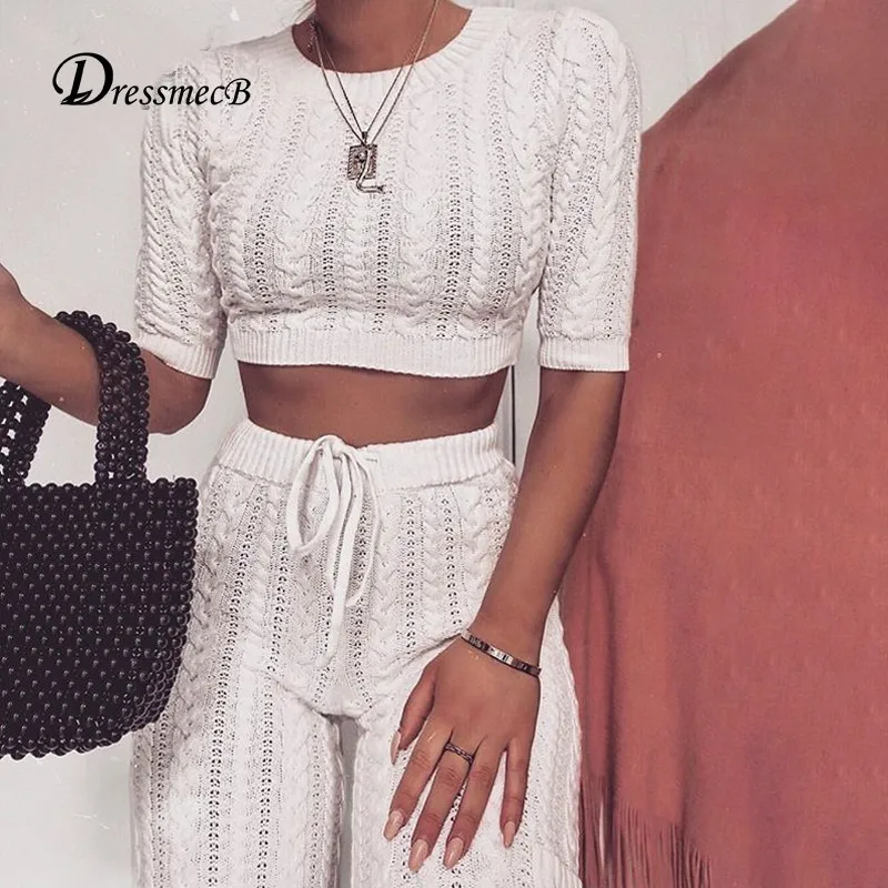 DRESSMECB осенне зимний комплект из двух предметов вязаный Топ с коротким рукавом и