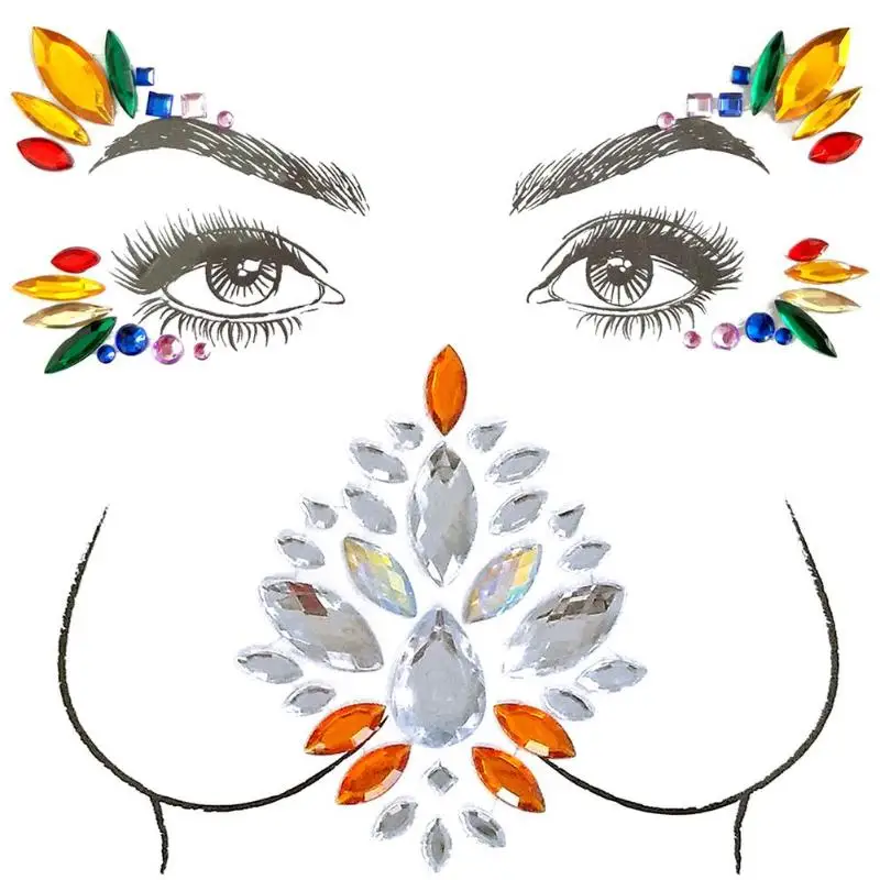 Adhesive Face Chest Tattoo Gems Sticker Set Women Jewelry Body Art Festival Party Makeup Temporary Stickers | Красота и здоровье