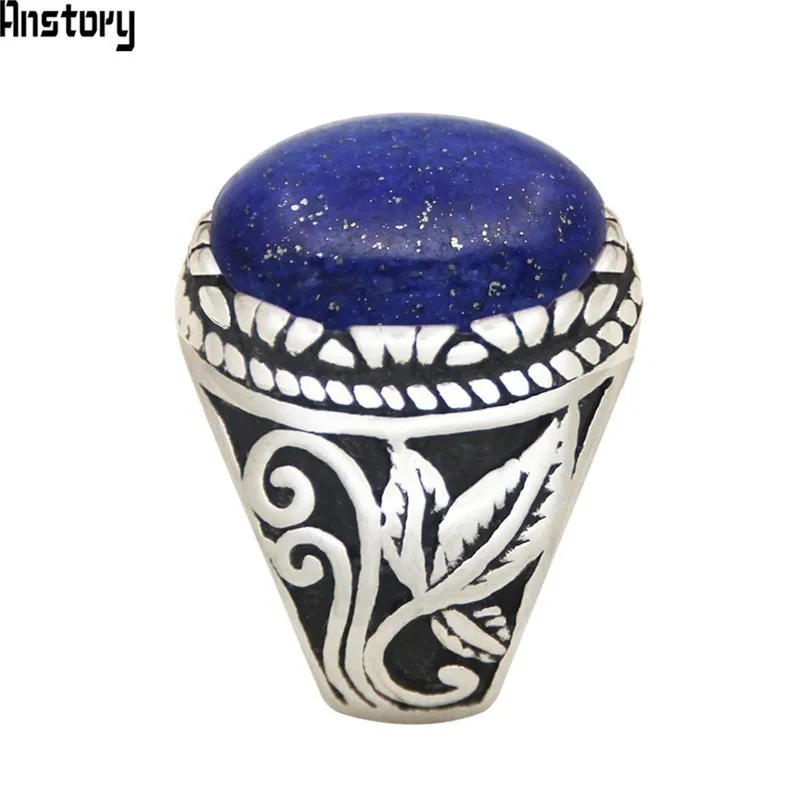 Oval Lapis Lazuli Stainless Steel Rings Natural Stone Leaf Plant Vintage Fashion Jewelry TR730 |