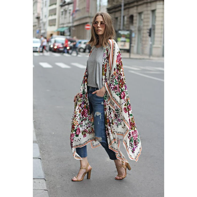 Женский пляжный кардиган Boho Свободный Топ с цветочным принтом и длинным рукавом