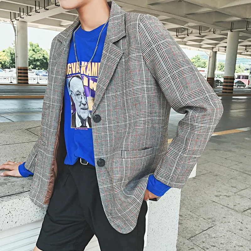 2019 Spring And Summer New Chinese Style Quality Comfortable Cotton Tide Male Harajuku Work Lattice Loose Leisure Blazer | Мужская