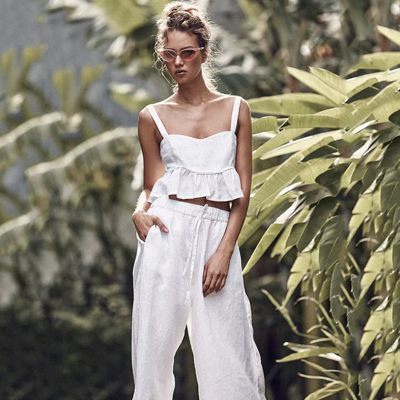 2019 летние новые женские комплекты белые сексуальные спагетти ремень майка