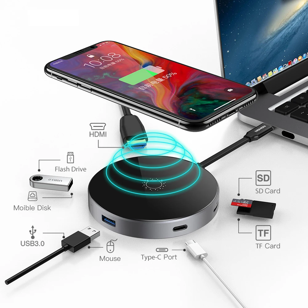 USB C концентратор PD Беспроводное зарядное устройство 80 Вт 7 в 1 адаптер HDMI Thunderbolt 3