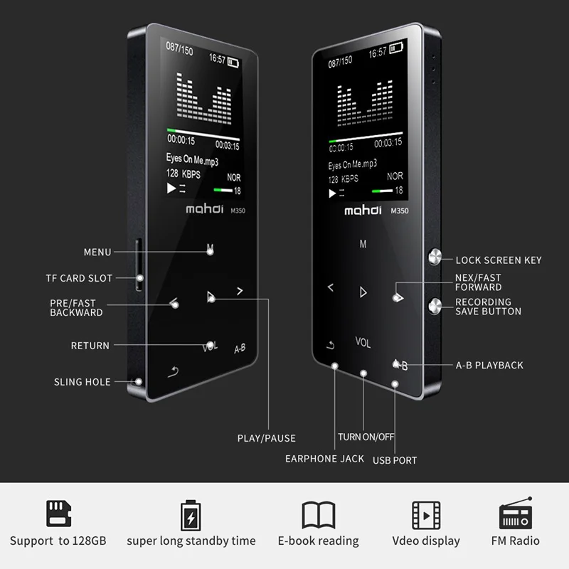New Metal Bluetooth Sport MP3 Player Portable Audio 8GB with Built-in Speaker FM Radio APE Flac Music Player(Black) | Электроника