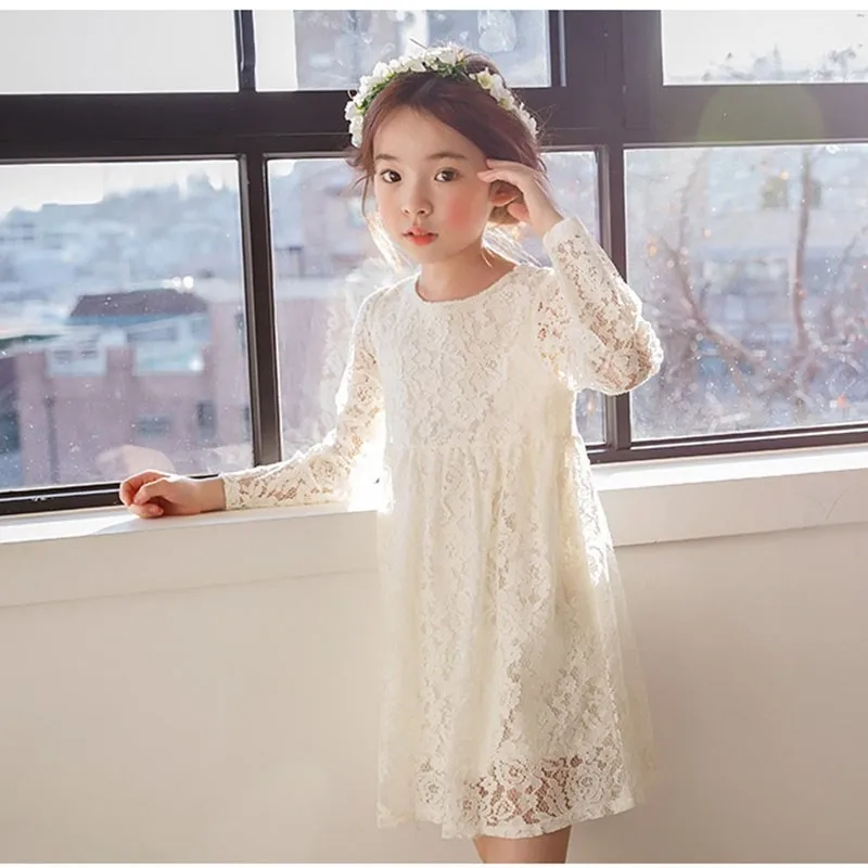 Party Big Girls Dresses Size10 12 8 6 4 2 Long Sleeve Baby Clothes Spring Autumn Lace White Kid Dress Clothing 2019 New | Детская одежда