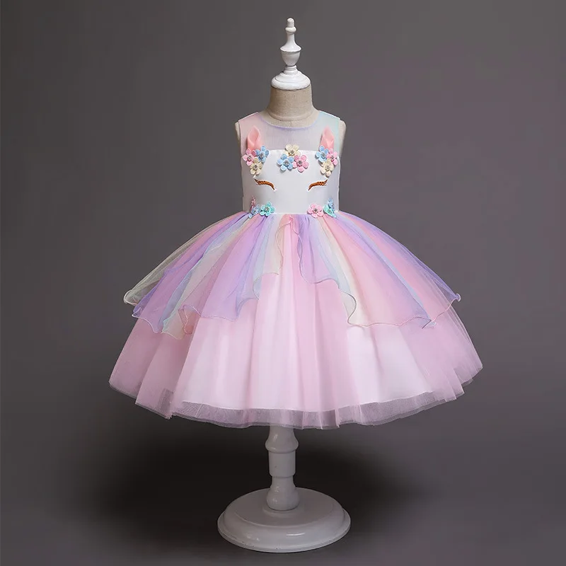 2020 Girl Unicorn Flower Dress Kids Birthday Party Cosplay Costume Toddler Pageant Princess Dresses Tulle Tutu Rainbow Costumes | Детская