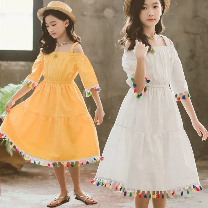 Tassel Teenage Girls Dress Kids Formal Wear Princess 100% Cotton Summer Beach Dresses Maxi Long White Yellow 2019 | Детская одежда и
