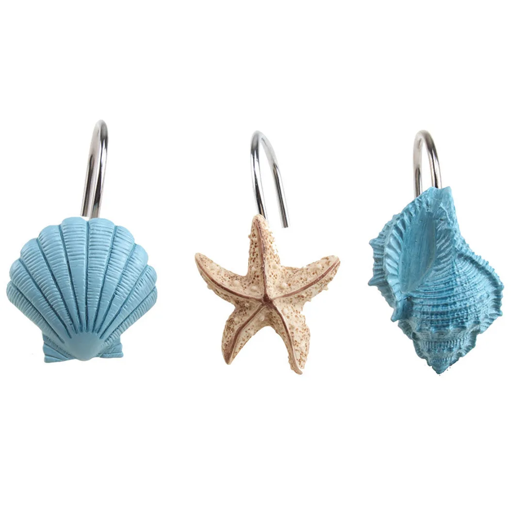 

12pcs/set Ocean Series Seashell Starfish Shower Curtain Metal Hooks Hanger Rails Resin Decorative Bathroom Beach Shell Decor