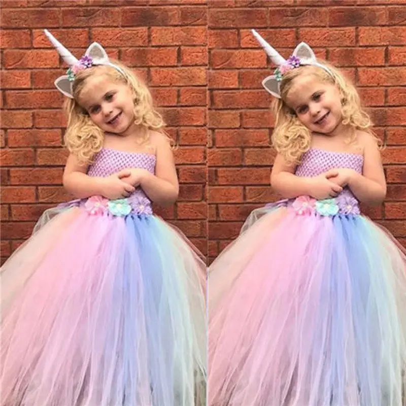 Baby Girl Dress Summer Toddler Kids Clothes Princess Unicorn Party Wedding Formal Outfit Strapless Tulle Tutu Dress+Headwear | Детская