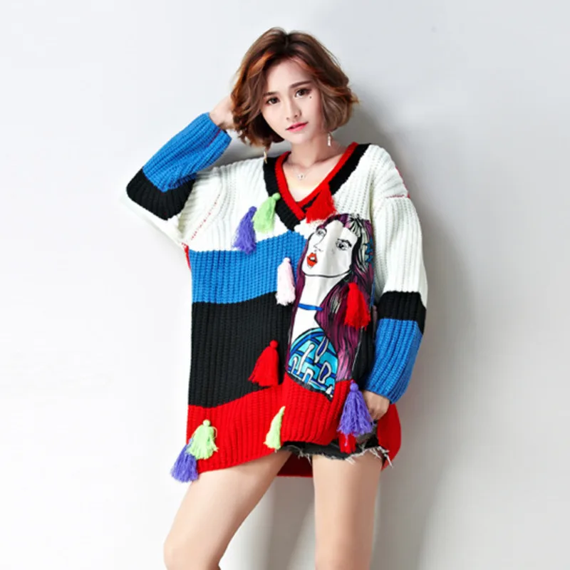 Vefadisa Women Tassel Stripe Cartoon Girl Sweater 2018 Autumn V-neck Color Matching Pullover Loose DQ315 | Женская одежда
