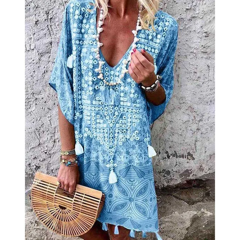 Свободное Повседневное платье с принтом Лето 2019 новое женское синее Хлопковое