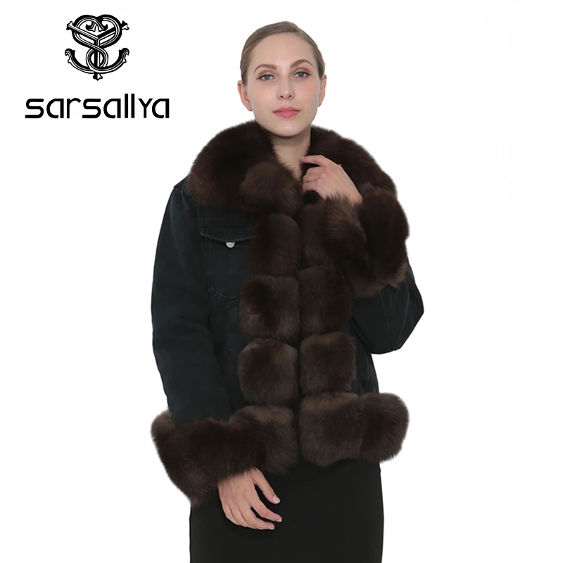SARSALLYA Натуральный Реальный лисий мех джинсовая куртка Для женщин пальто парка