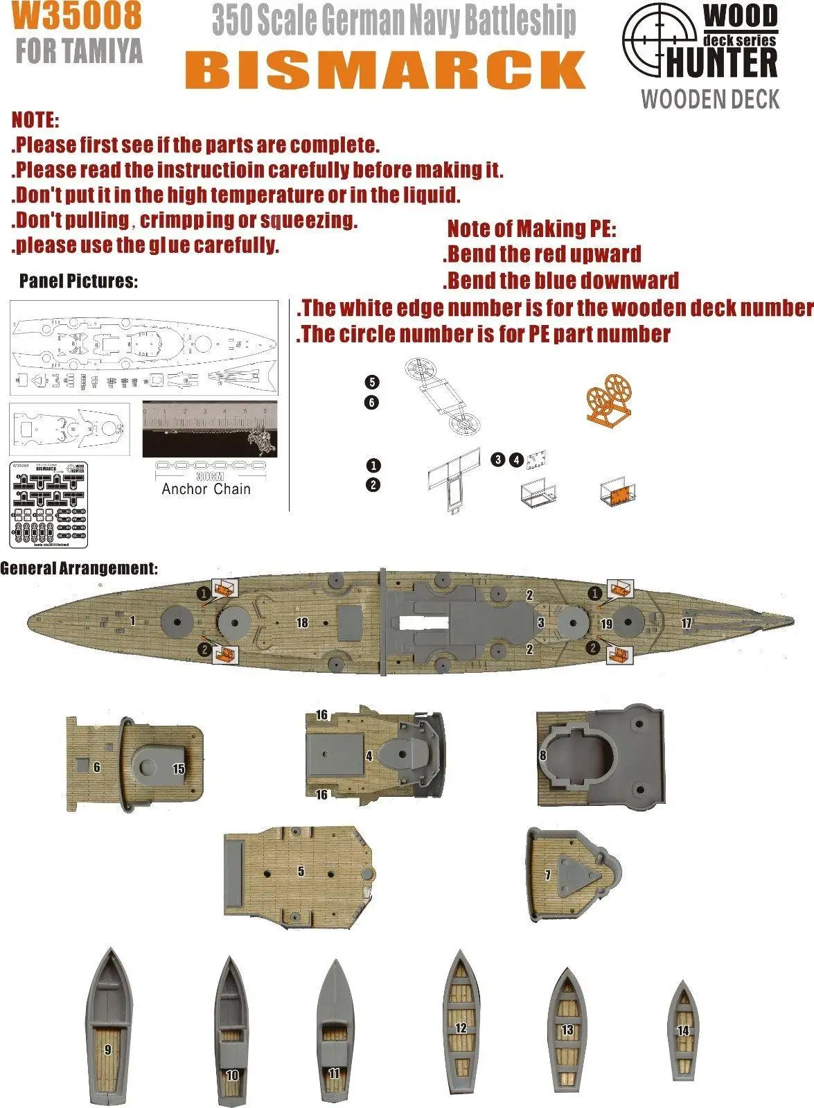 Охотник 1/350 W35008 деревянная палуба немецкий Бисмарк для Тамия высшего