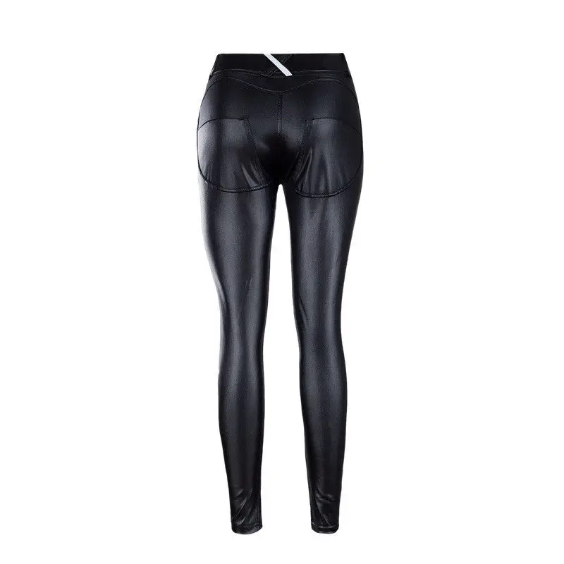 

2018 Newly Fashion Women Ladies PU Leather Black Skinny Pocket Elastic Waist High Waist Pencil Pants