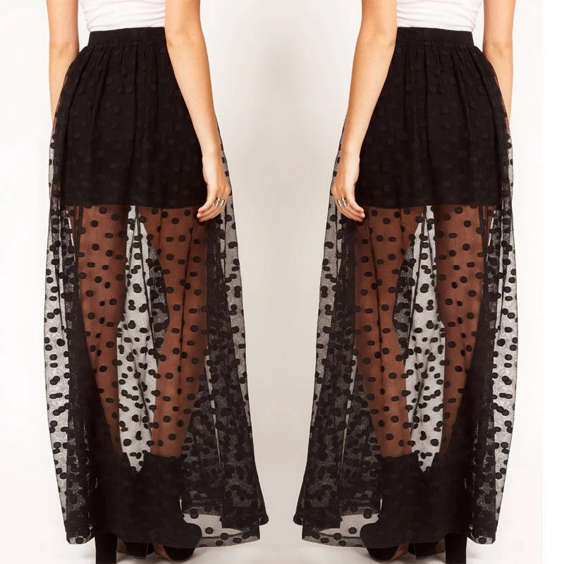 

Women High Waist Sheer Gauze Mesh Tulle Lace Dot Gothic Long Maxi Skirt Dress