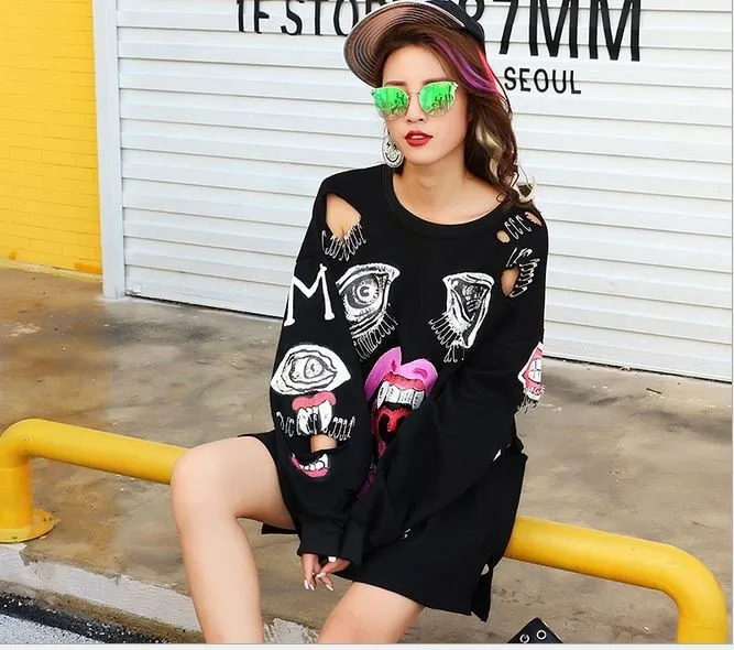 2018 Spring Black Hole Sweatershirt Women Cutout Hoody Feminno Loose Red Lip Shirt Vampire Print Clothes Casual Hip Hop Tops | Женская