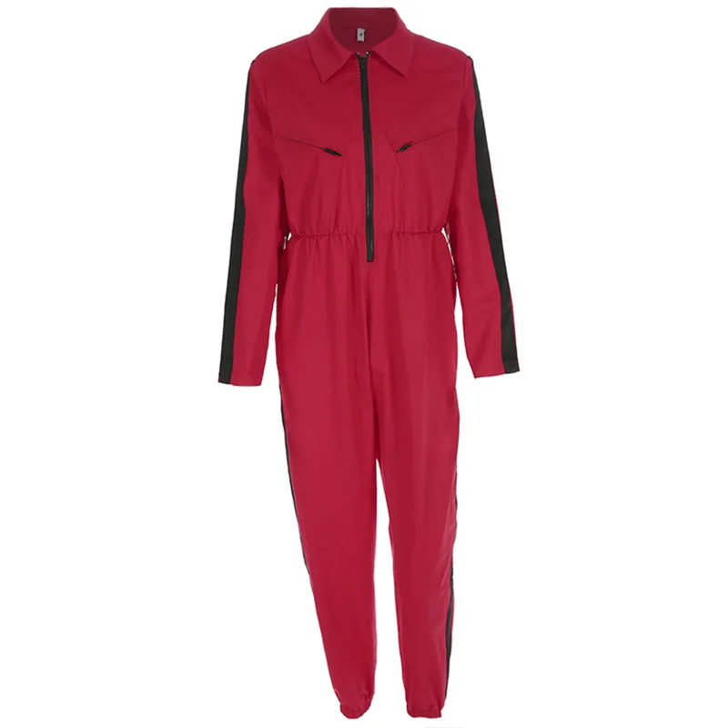 

2019 Harajuku Casual Jumpsuit Spring Women Ribbon Zipper Overalls Streetwear Cotton One-piece Pants Work Wear Pants Red Summer