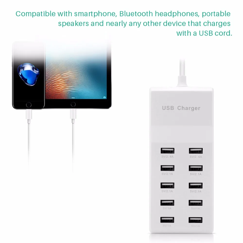 Зарядное устройство Powstro с 10 USB портами 5 В А 60 Вт цвет белый|Зарядные устройства