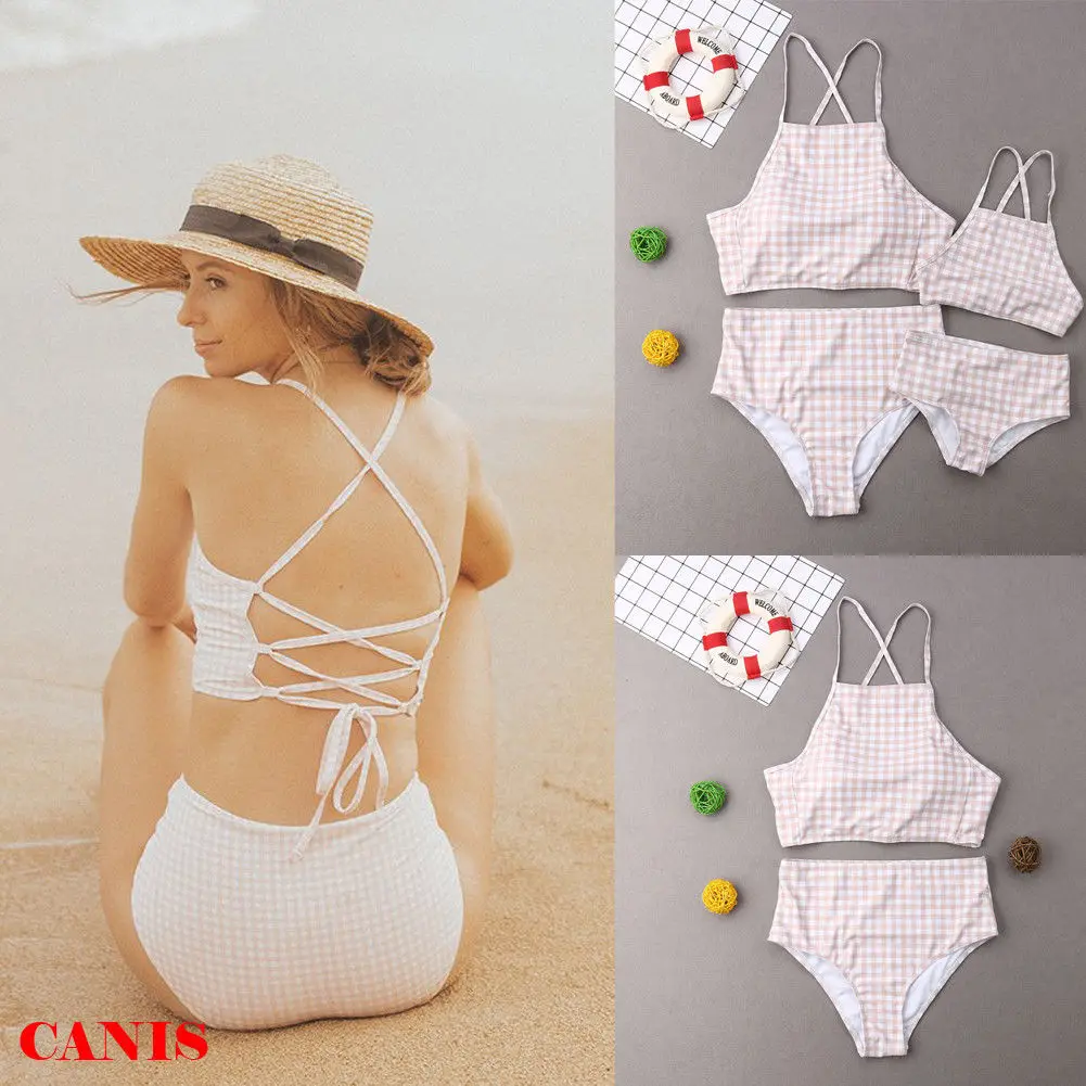 2019 Brand New Mother Daughter Swimsuit Family Matching Beachwear High Waist Swimwear Checked 2Pcs Sets Parent-Child | Мать и ребенок