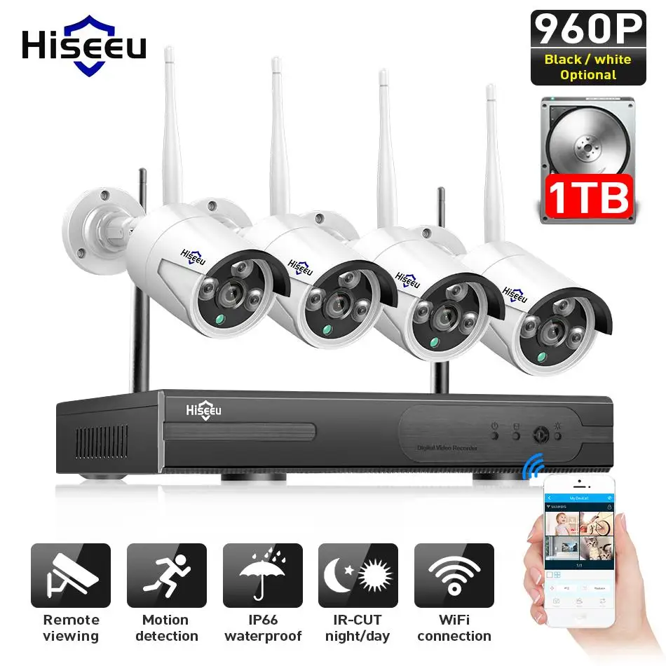 Hiseeu Беспроводной CCTV Камера Системы Наборы 960 P 4ch 1.3MP IP Водонепроницаемый Открытый