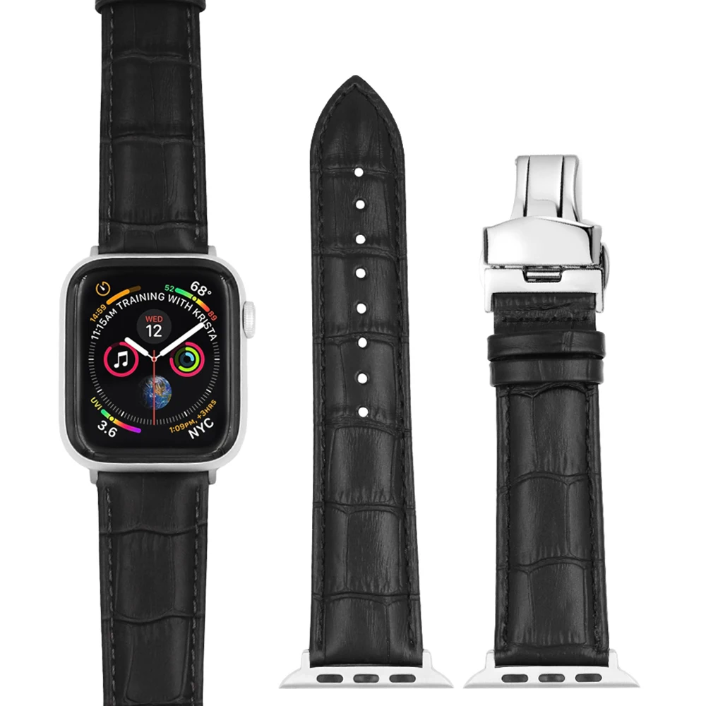 Кожаный ремешок для Apple Watch 44 мм 42 черный из аллигатора с пряжкой iWatch 38 серии 4 3 2