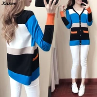 2018 autumn winter women ladies v neck button placket long sleeve soft cardigan sweater top femme korean multi stripe coat xnxee