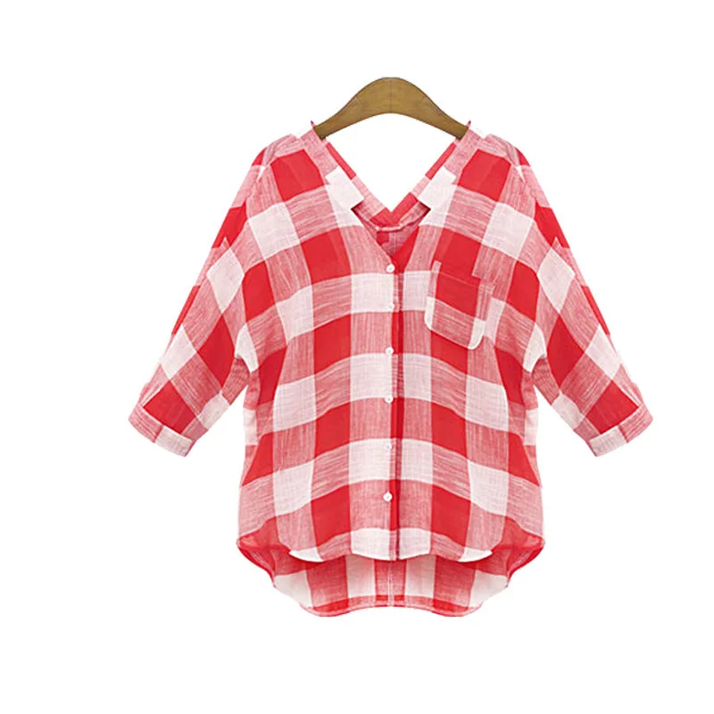 Женская красная рубашка в клетку хлопковая свободная офисная блузка с коротким