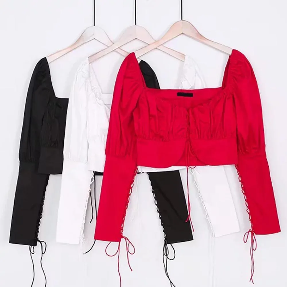 Сексуальная Открытая кружевная рубашка с длинными рукавами и квадратным вырезом