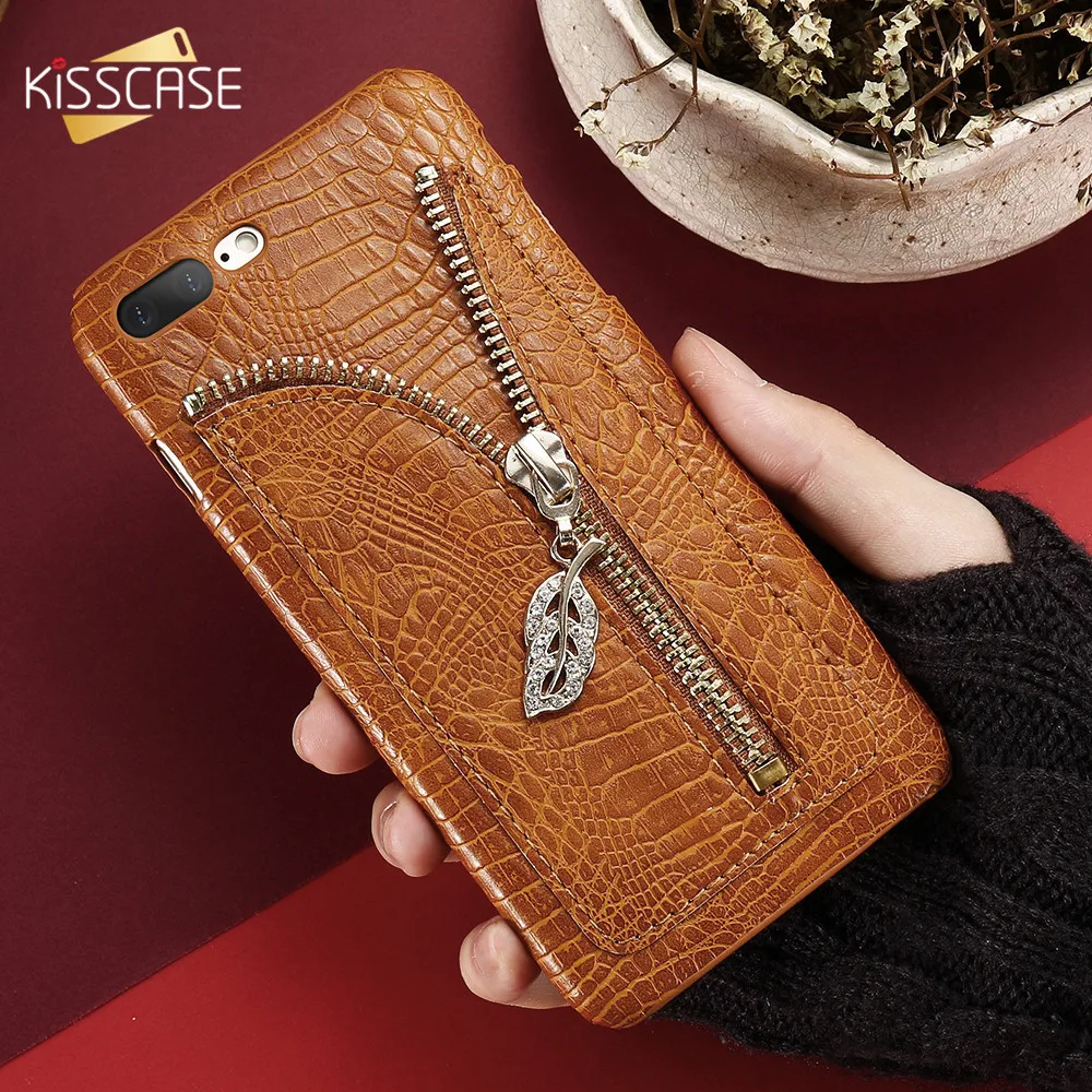 Роскошный кожаный чехол KISSCASE для iPhone 6 S 7 Plus 5 5S SE Leaf с крокодиловым узором и слотом