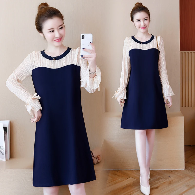 5XL лоскутное кружевное платье женское 2019 весна новые женские платья с длинным