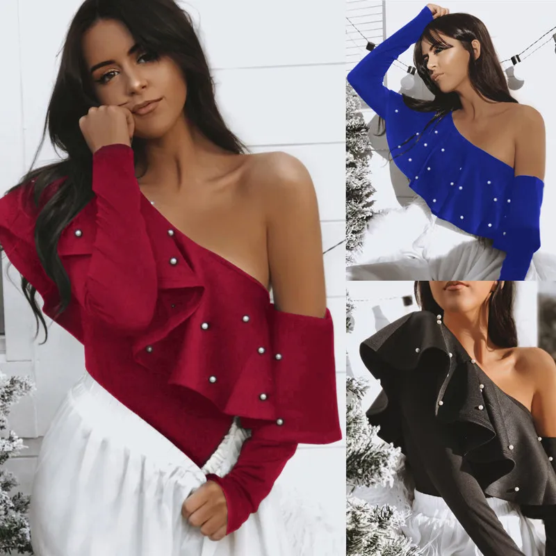 Женские рубашки с оборками на одно плечо модные топы элегантные блузы жемчугом и
