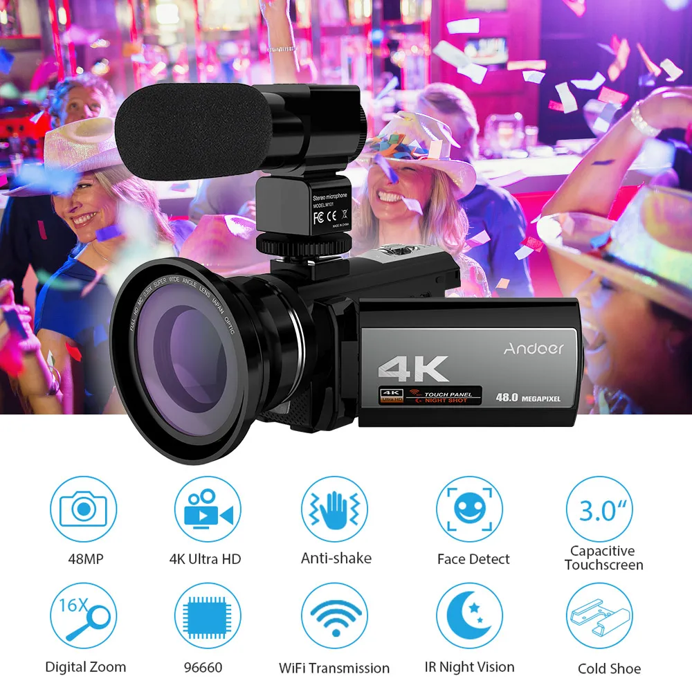 Цифровая видеокамера Andoer 4K 48 МП Wi Fi внешний микрофон широкоугольный объектив 0 39x
