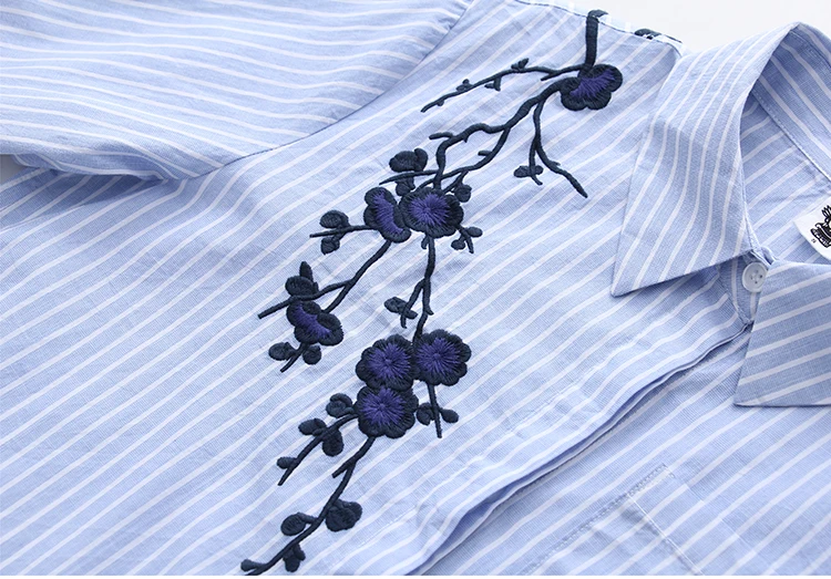

2018 Spring Summer Korean 100% Cotton Shirts Embroidery Blue White Striped Long Sleeve Shirt Casual Women Clothing Basic Tops