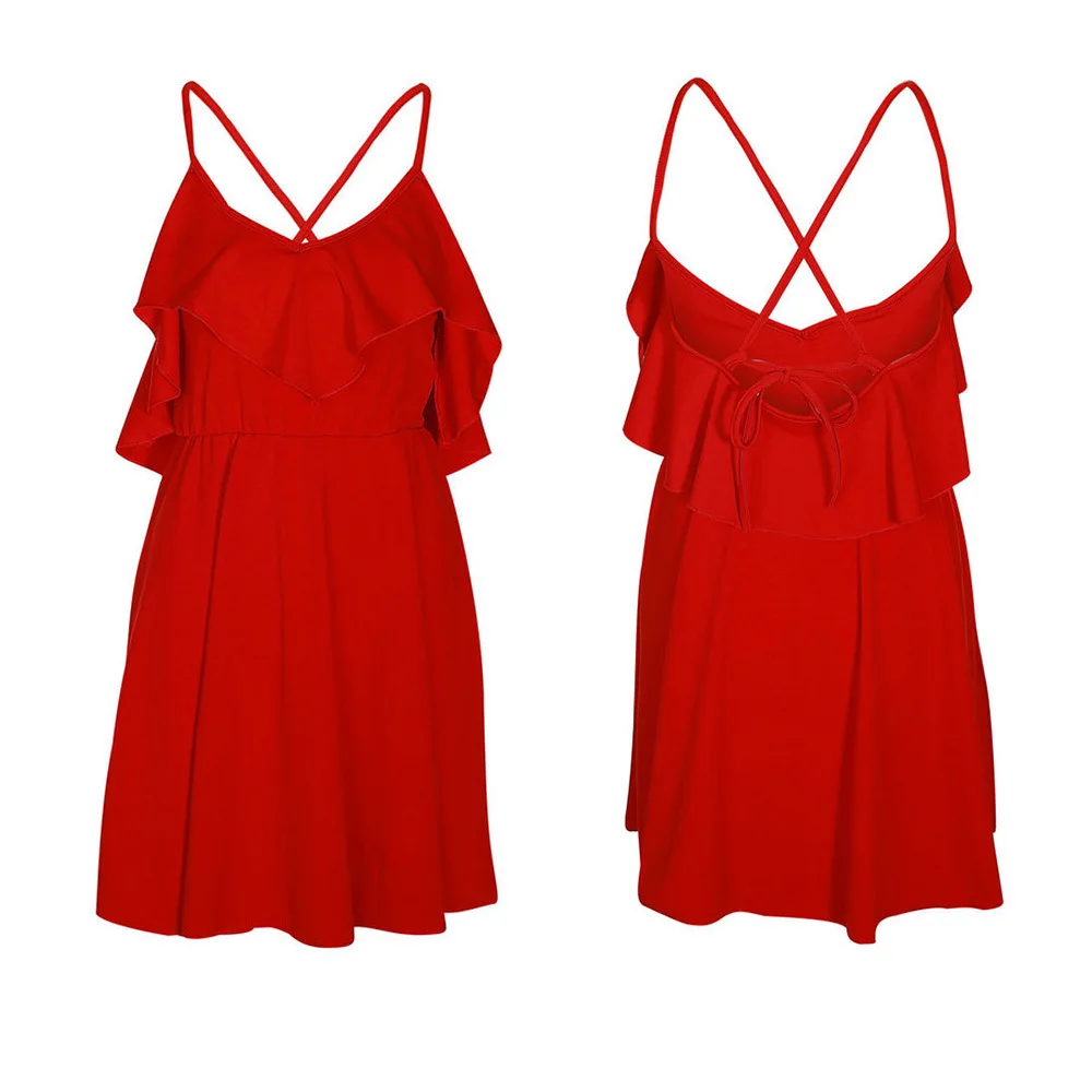 

Women's Red Vintage Dress Backless V-neck Cross Drawstring Ruffled Strap Bundle Waist Mini Dress Summer