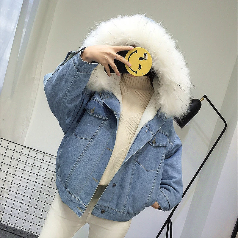 

Elexs velvet thick denim jacket female winter big fur collar Korean locomotive lamb coat female student short coat 35